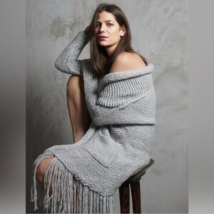 Raquel Allegra Gray Fringe Boho Alpaca Cardigan Chunky Sweater Size 1 / Small